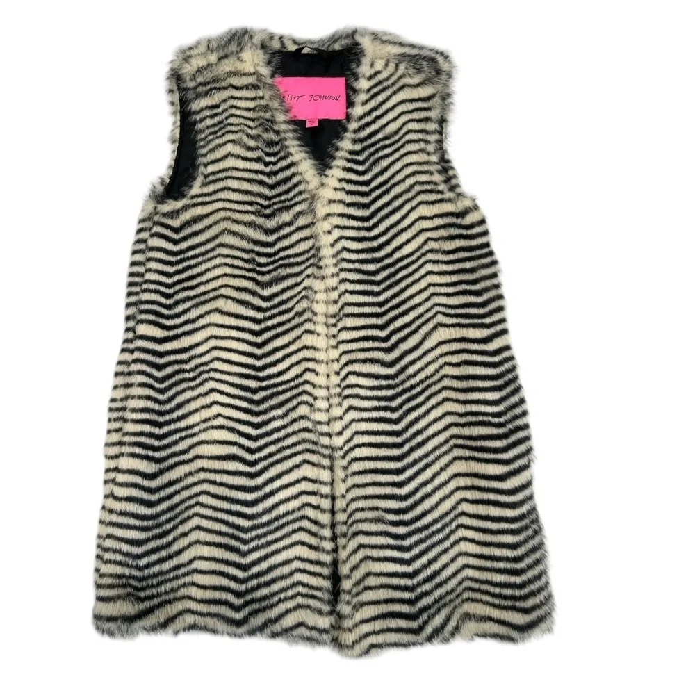 Betsey Johnson Zebra Striped Faux Fur Vest Black White Zig Zag Boho Lined Small